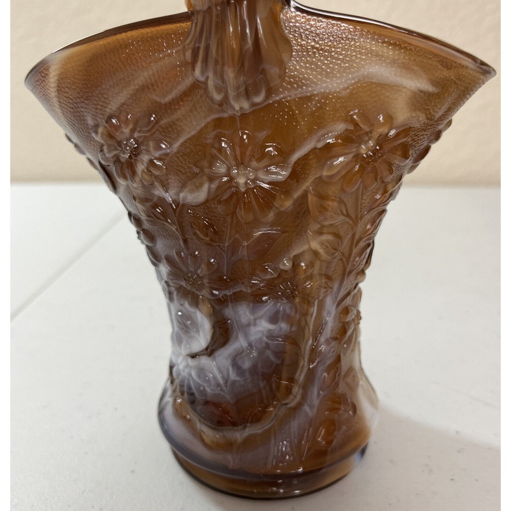 Vintage Imperial Dark Caramel Root Beer Slag Glass Tall Daisy Basket 10 In Tall - Picture 5 of 16